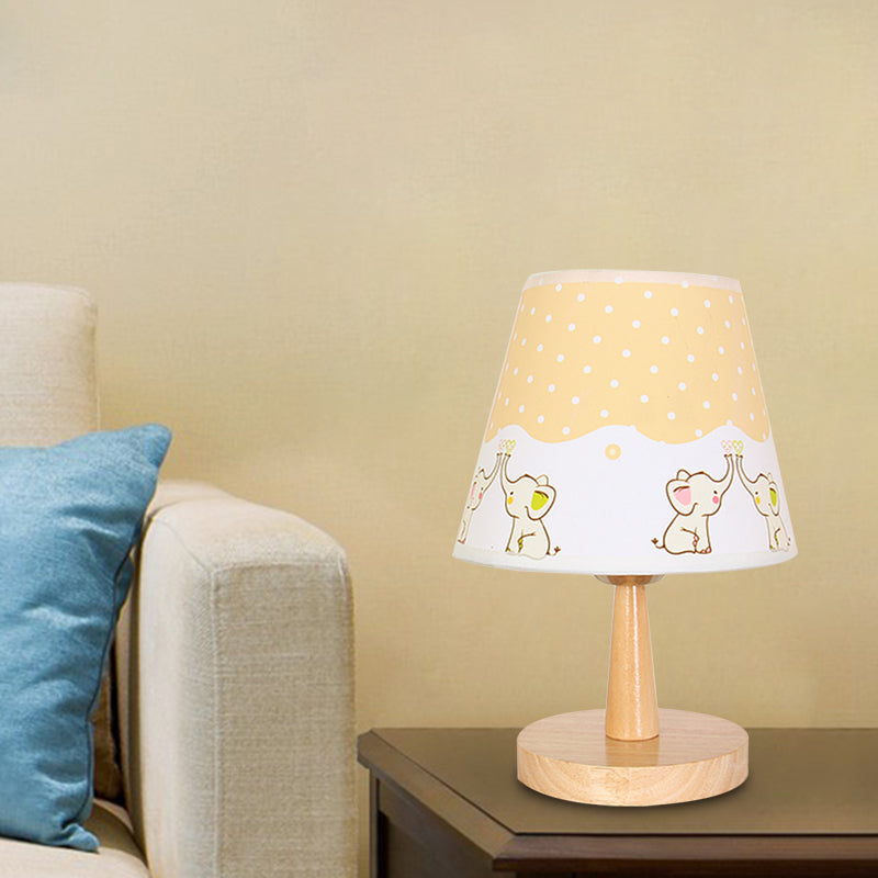 Fabric Conical Table Lamp Cartoon 1 Head Wood Nightstand Light with Airplane/Elephant/Bear Pattern for Bedroom Clearhalo 'Lamps' 'Table Lamps' Lighting' 898031