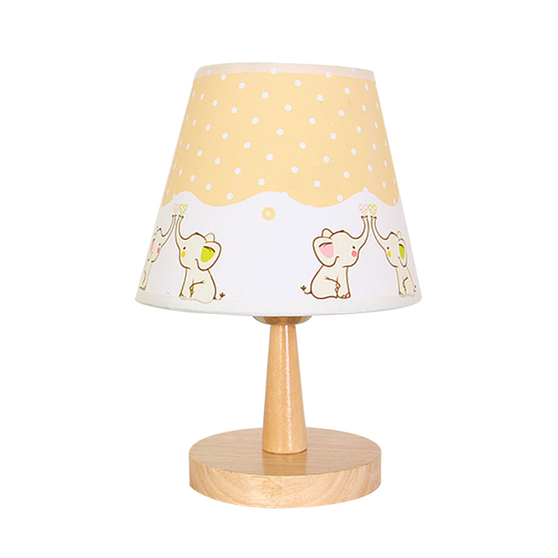 Fabric Conical Table Lamp Cartoon 1 Head Wood Nightstand Light with Airplane/Elephant/Bear Pattern for Bedroom Clearhalo 'Lamps' 'Table Lamps' Lighting' 898032