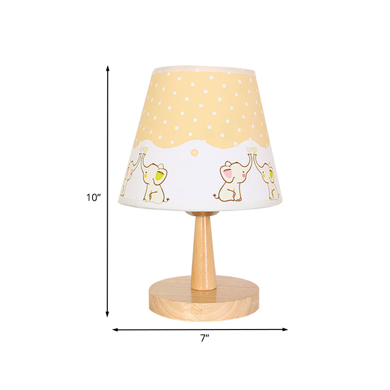Fabric Conical Table Lamp Cartoon 1 Head Wood Nightstand Light with Airplane/Elephant/Bear Pattern for Bedroom Clearhalo 'Lamps' 'Table Lamps' Lighting' 898033