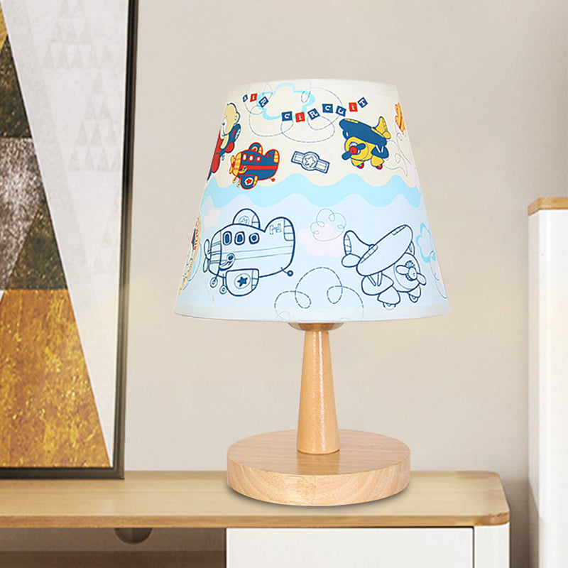 Fabric Conical Table Lamp Cartoon 1 Head Wood Nightstand Light with Airplane/Elephant/Bear Pattern for Bedroom Wood Airplane Clearhalo 'Lamps' 'Table Lamps' Lighting' 898034