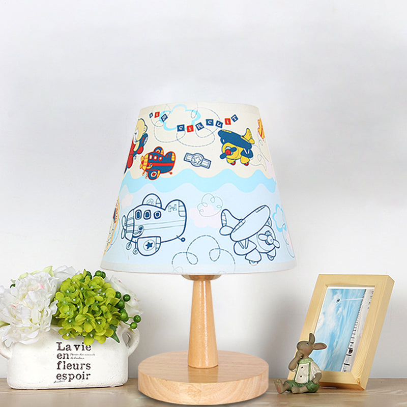 Fabric Conical Table Lamp Cartoon 1 Head Wood Nightstand Light with Airplane/Elephant/Bear Pattern for Bedroom Clearhalo 'Lamps' 'Table Lamps' Lighting' 898035