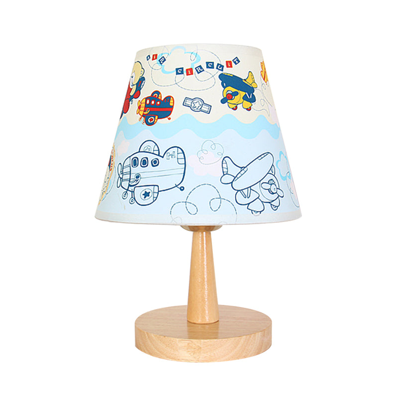 Fabric Conical Table Lamp Cartoon 1 Head Wood Nightstand Light with Airplane/Elephant/Bear Pattern for Bedroom Clearhalo 'Lamps' 'Table Lamps' Lighting' 898036