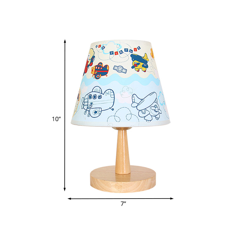 Fabric Conical Table Lamp Cartoon 1 Head Wood Nightstand Light with Airplane/Elephant/Bear Pattern for Bedroom Clearhalo 'Lamps' 'Table Lamps' Lighting' 898038