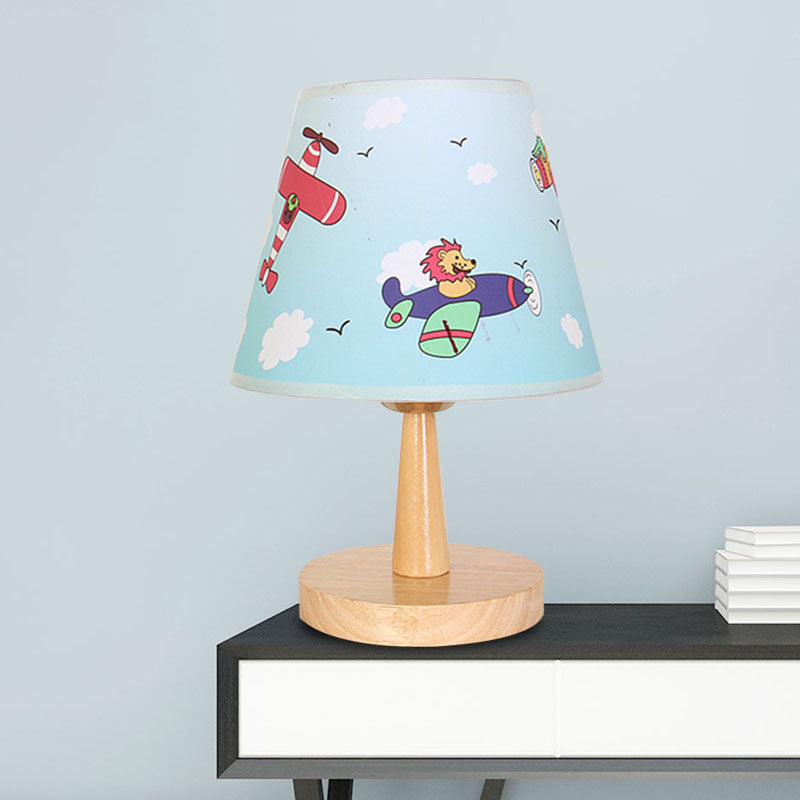 Fabric Conical Table Lamp Cartoon 1 Head Wood Nightstand Light with Airplane/Elephant/Bear Pattern for Bedroom Wood Bear Clearhalo 'Lamps' 'Table Lamps' Lighting' 898039