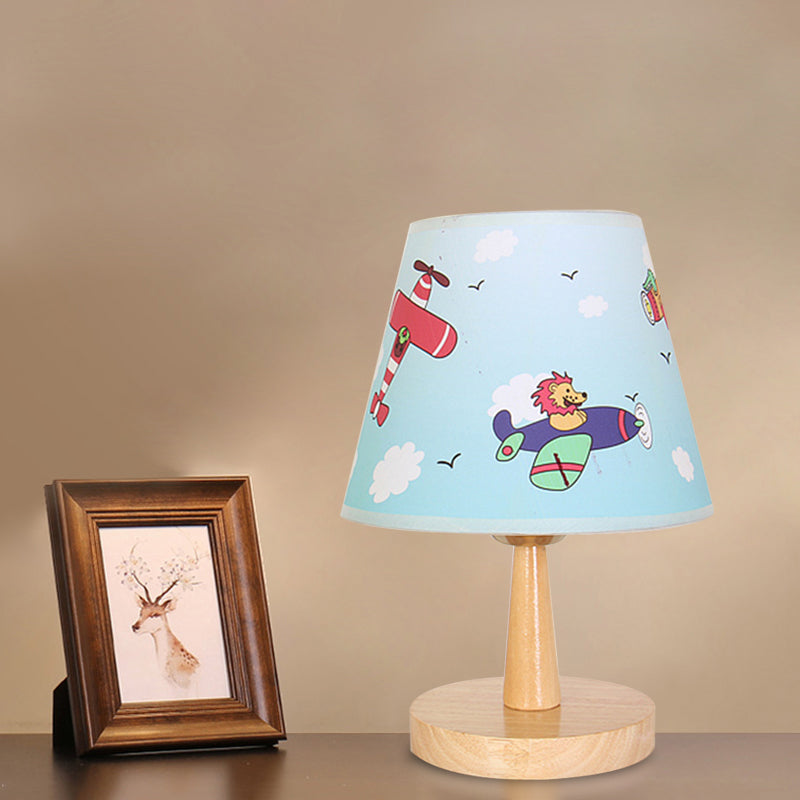 Fabric Conical Table Lamp Cartoon 1 Head Wood Nightstand Light with Airplane/Elephant/Bear Pattern for Bedroom Clearhalo 'Lamps' 'Table Lamps' Lighting' 898040