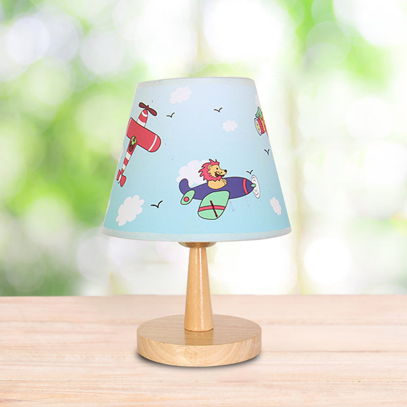 Fabric Conical Table Lamp Cartoon 1 Head Wood Nightstand Light with Airplane/Elephant/Bear Pattern for Bedroom Clearhalo 'Lamps' 'Table Lamps' Lighting' 898041
