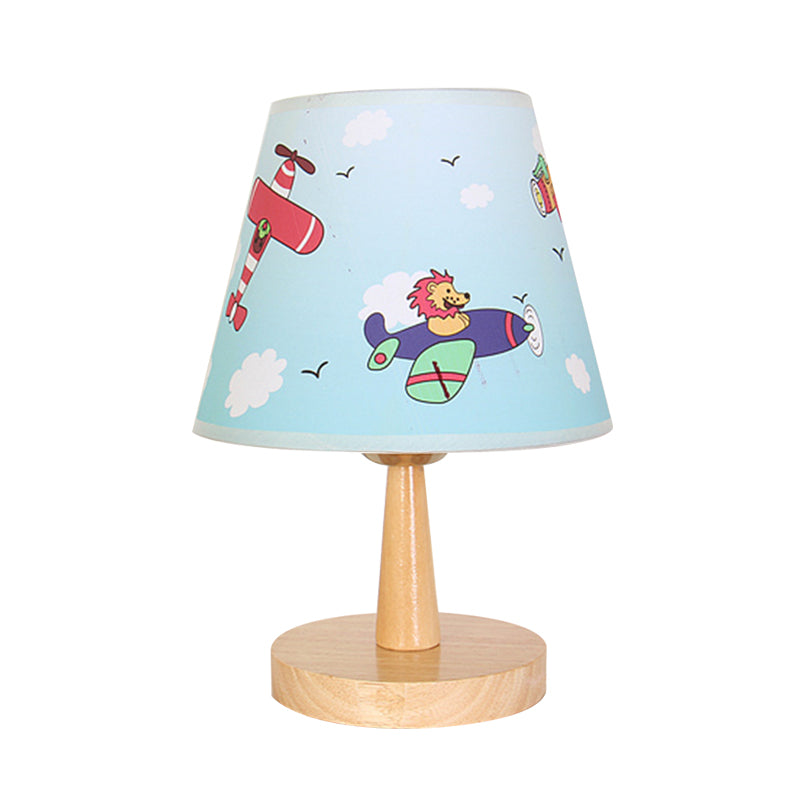 Fabric Conical Table Lamp Cartoon 1 Head Wood Nightstand Light with Airplane/Elephant/Bear Pattern for Bedroom Clearhalo 'Lamps' 'Table Lamps' Lighting' 898042