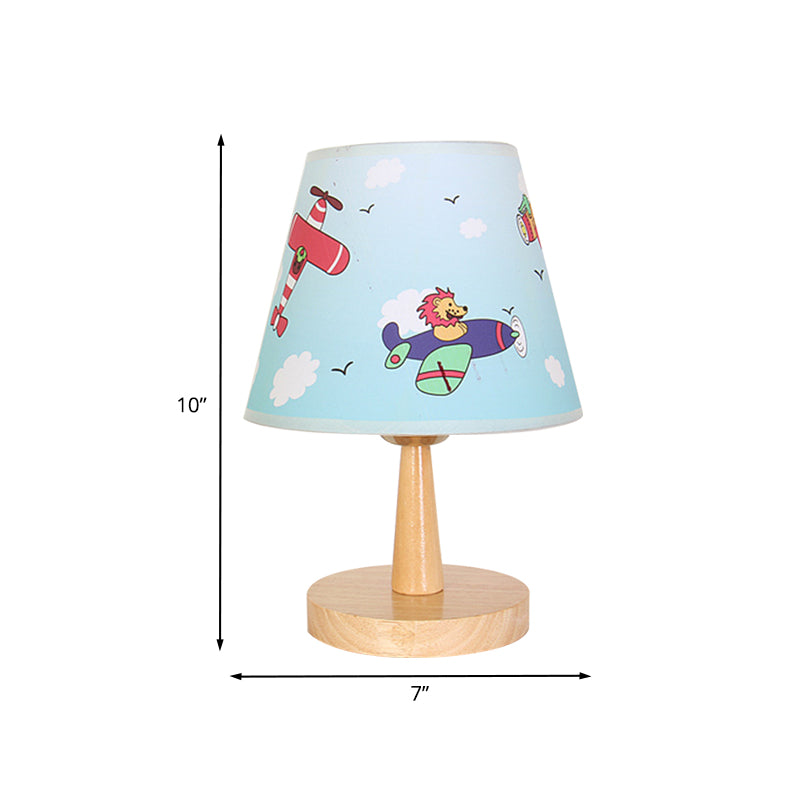 Fabric Conical Table Lamp Cartoon 1 Head Wood Nightstand Light with Airplane/Elephant/Bear Pattern for Bedroom Clearhalo 'Lamps' 'Table Lamps' Lighting' 898043