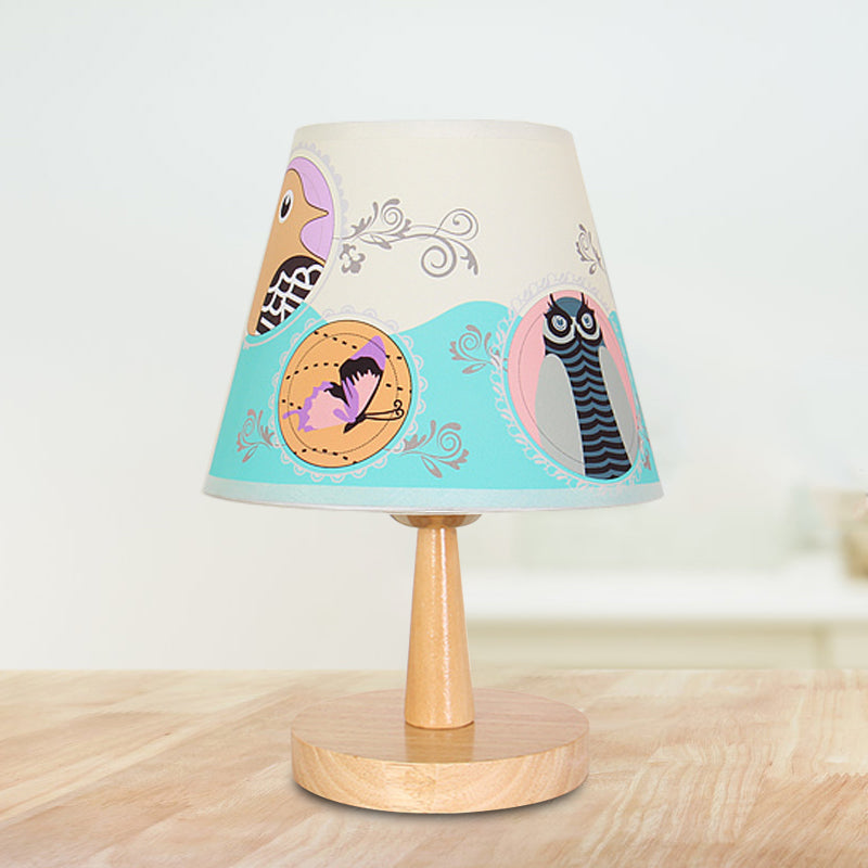 Fabric Conical Table Lamp Cartoon 1 Head Wood Nightstand Light with Airplane/Elephant/Bear Pattern for Bedroom Wood Owl Clearhalo 'Lamps' 'Table Lamps' Lighting' 898044