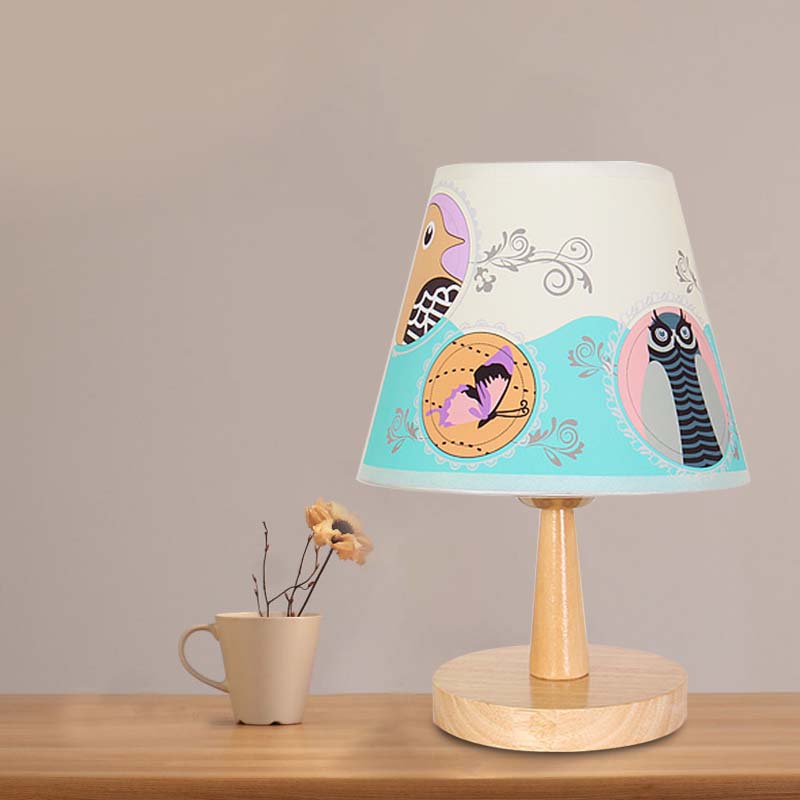 Fabric Conical Table Lamp Cartoon 1 Head Wood Nightstand Light with Airplane/Elephant/Bear Pattern for Bedroom Clearhalo 'Lamps' 'Table Lamps' Lighting' 898045