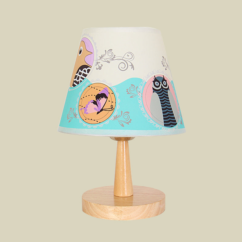 Fabric Conical Table Lamp Cartoon 1 Head Wood Nightstand Light with Airplane/Elephant/Bear Pattern for Bedroom Clearhalo 'Lamps' 'Table Lamps' Lighting' 898047