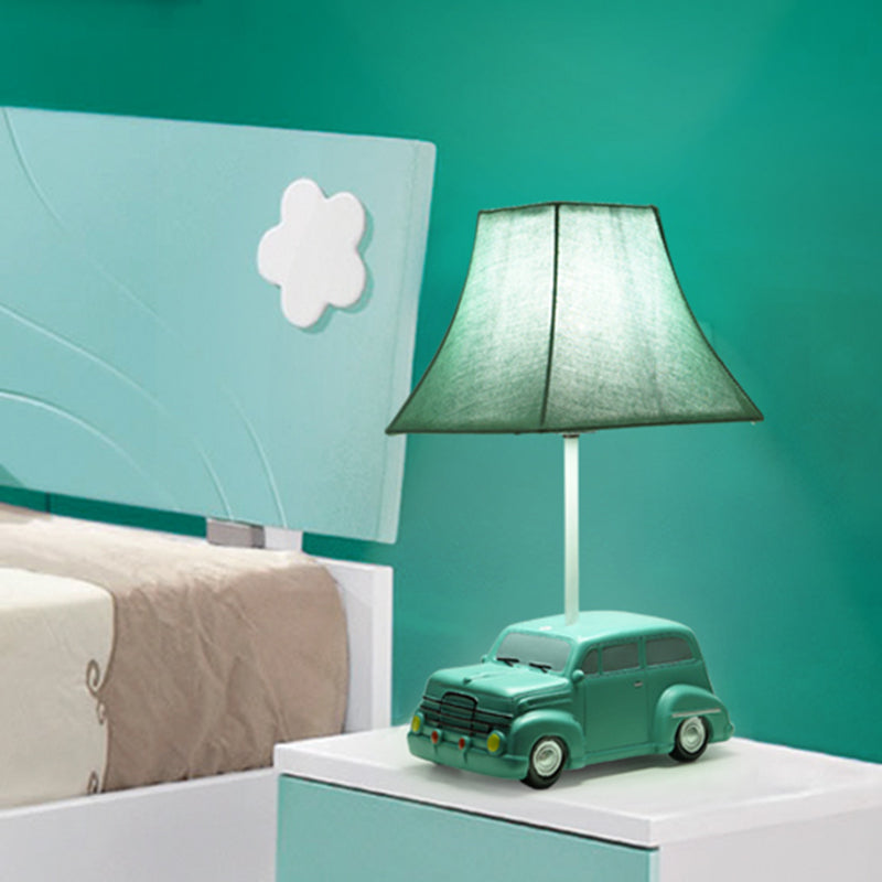 1-Head Nursery Nightstand Light Cartoon Blue Desk Lamp with Bell Fabric Shade and Car Resin Base Clearhalo 'Lamps' 'Table Lamps' Lighting' 898064