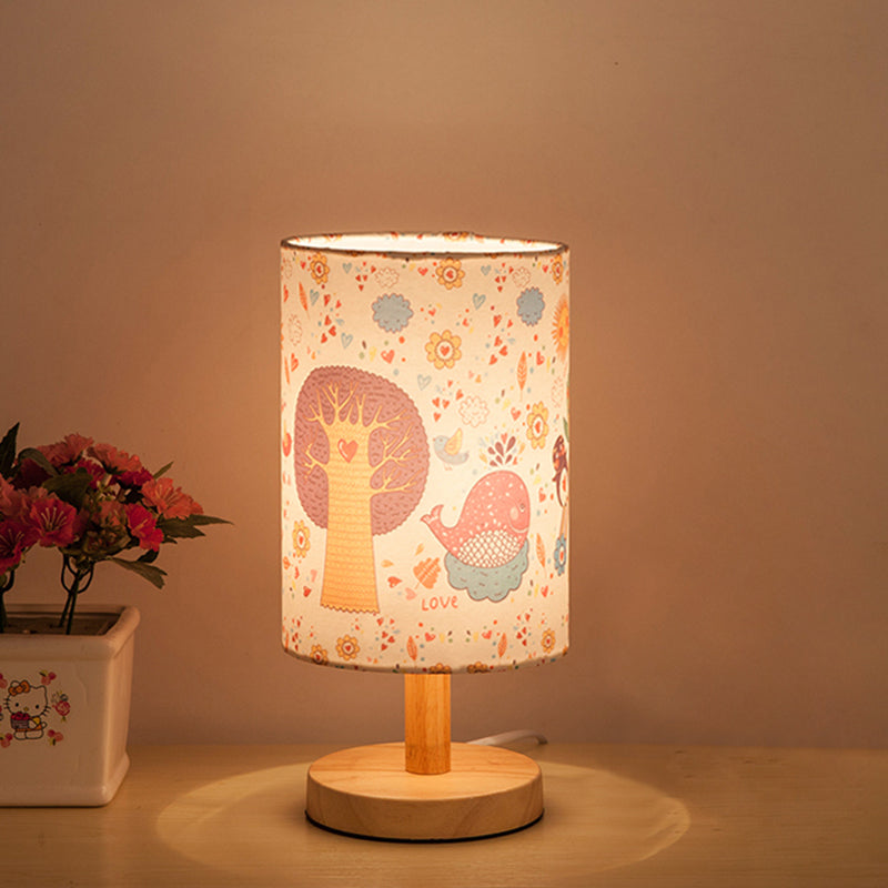 Wood Cylinder Night Table Lamp Kids 1 Head Fabric Nightstand Light with Tree and Flower Pattern Wood Clearhalo 'Lamps' 'Table Lamps' Lighting' 898079