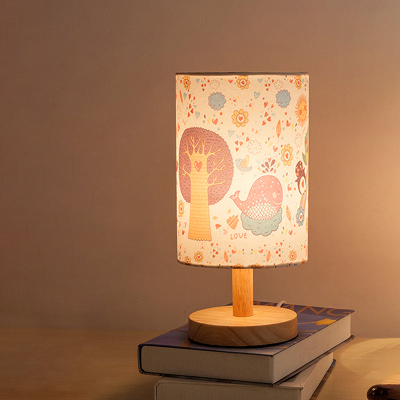 Wood Cylinder Night Table Lamp Kids 1 Head Fabric Nightstand Light with Tree and Flower Pattern Clearhalo 'Lamps' 'Table Lamps' Lighting' 898080