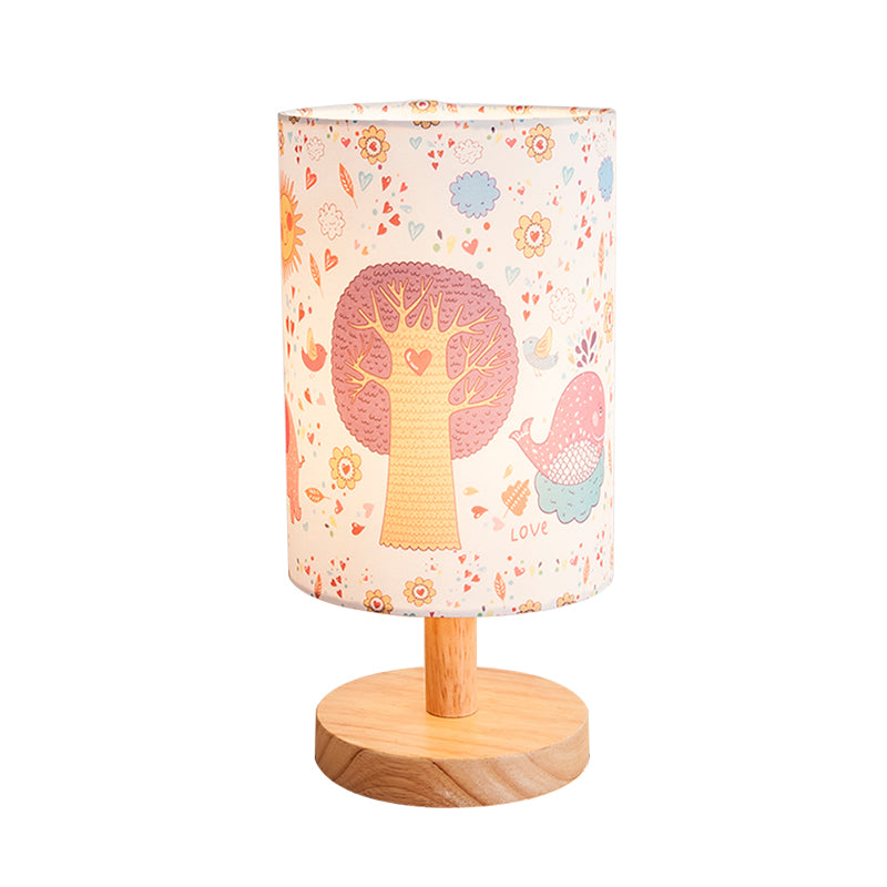 Wood Cylinder Night Table Lamp Kids 1 Head Fabric Nightstand Light with Tree and Flower Pattern Clearhalo 'Lamps' 'Table Lamps' Lighting' 898081