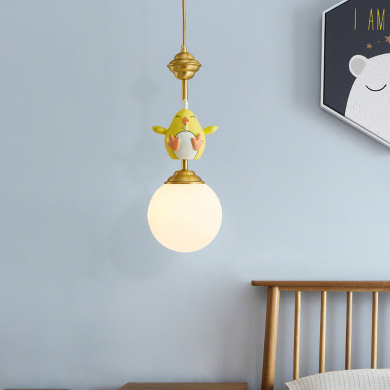 Resin Pig/Chicken/Snake Pendant Cartoon 1 Light Gold Hanging Light Fixture with Spherical Opal Glass Shade Clearhalo 'Ceiling Lights' 'Pendant Lights' 'Pendants' Lighting' 898217