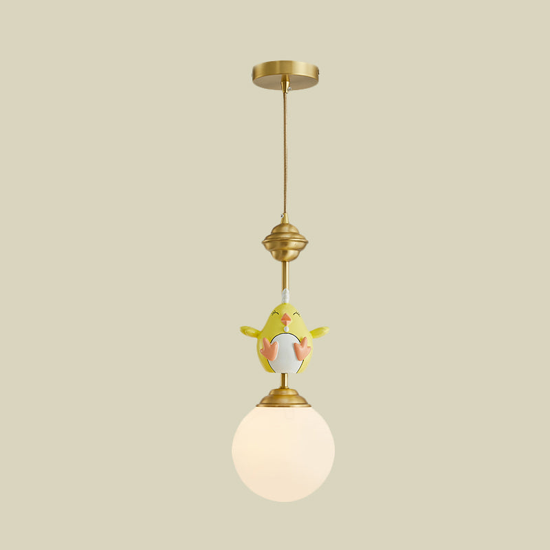 Resin Pig/Chicken/Snake Pendant Cartoon 1 Light Gold Hanging Light Fixture with Spherical Opal Glass Shade Clearhalo 'Ceiling Lights' 'Pendant Lights' 'Pendants' Lighting' 898219