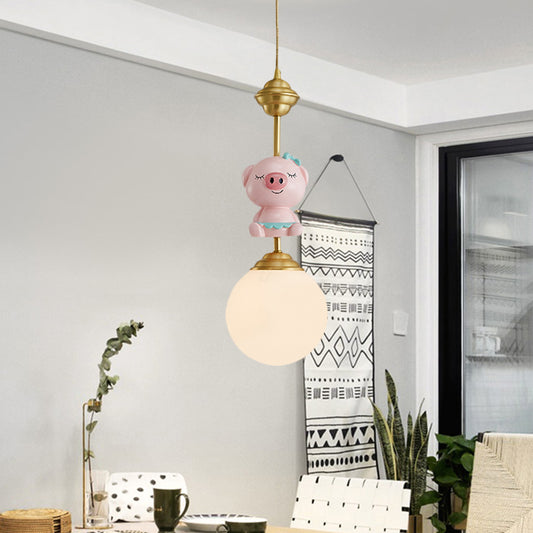 Resin Pig/Chicken/Snake Pendant Cartoon 1 Light Gold Hanging Light Fixture with Spherical Opal Glass Shade Clearhalo 'Ceiling Lights' 'Pendant Lights' 'Pendants' Lighting' 898221