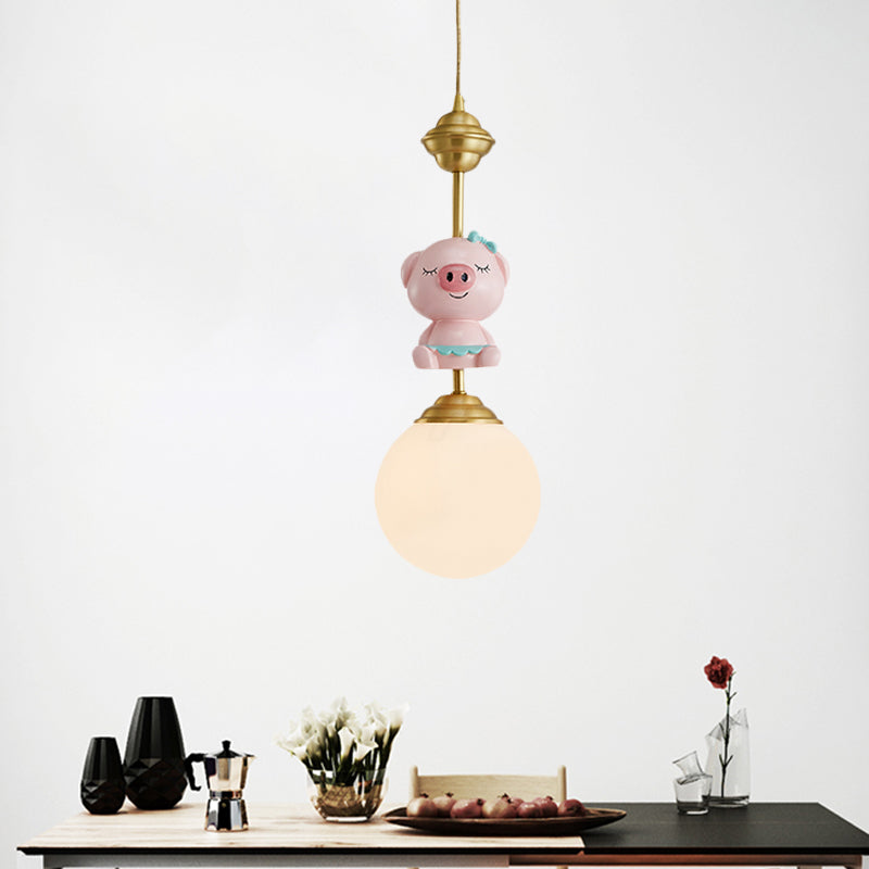 Resin Pig/Chicken/Snake Pendant Cartoon 1 Light Gold Hanging Light Fixture with Spherical Opal Glass Shade Clearhalo 'Ceiling Lights' 'Pendant Lights' 'Pendants' Lighting' 898222