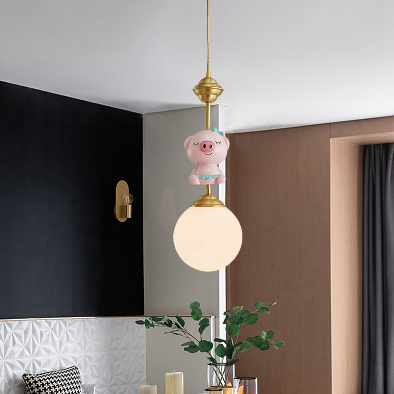Resin Pig/Chicken/Snake Pendant Cartoon 1 Light Gold Hanging Light Fixture with Spherical Opal Glass Shade Clearhalo 'Ceiling Lights' 'Pendant Lights' 'Pendants' Lighting' 898223