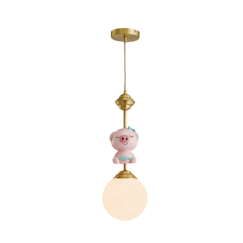 Resin Pig/Chicken/Snake Pendant Cartoon 1 Light Gold Hanging Light Fixture with Spherical Opal Glass Shade Clearhalo 'Ceiling Lights' 'Pendant Lights' 'Pendants' Lighting' 898224