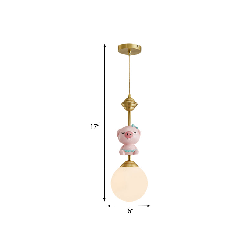 Resin Pig/Chicken/Snake Pendant Cartoon 1 Light Gold Hanging Light Fixture with Spherical Opal Glass Shade Clearhalo 'Ceiling Lights' 'Pendant Lights' 'Pendants' Lighting' 898225