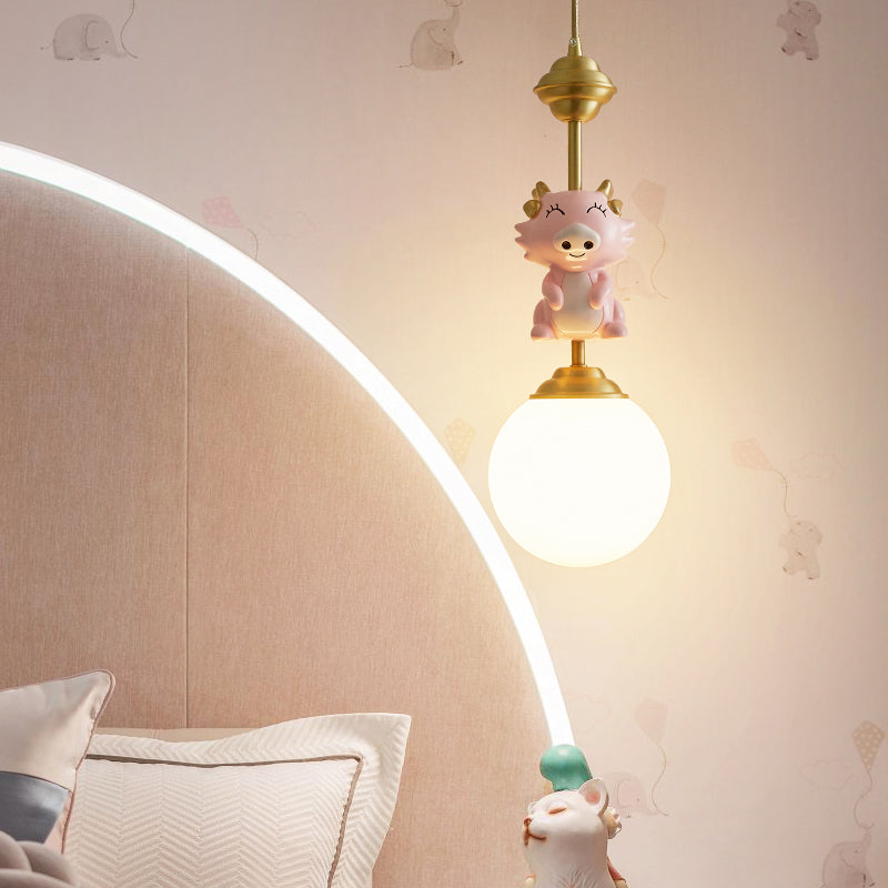 Resin Pig/Chicken/Snake Pendant Cartoon 1 Light Gold Hanging Light Fixture with Spherical Opal Glass Shade Clearhalo 'Ceiling Lights' 'Pendant Lights' 'Pendants' Lighting' 898226