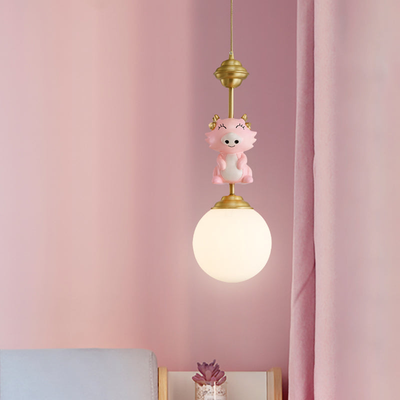 Resin Pig/Chicken/Snake Pendant Cartoon 1 Light Gold Hanging Light Fixture with Spherical Opal Glass Shade Clearhalo 'Ceiling Lights' 'Pendant Lights' 'Pendants' Lighting' 898227