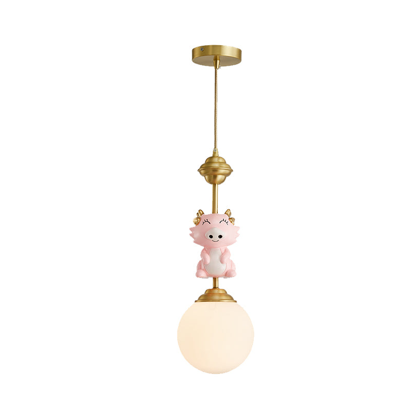 Resin Pig/Chicken/Snake Pendant Cartoon 1 Light Gold Hanging Light Fixture with Spherical Opal Glass Shade Clearhalo 'Ceiling Lights' 'Pendant Lights' 'Pendants' Lighting' 898228