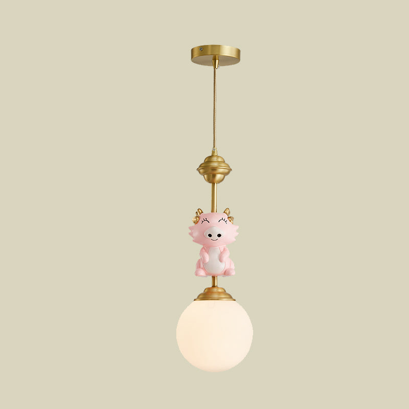 Resin Pig/Chicken/Snake Pendant Cartoon 1 Light Gold Hanging Light Fixture with Spherical Opal Glass Shade Clearhalo 'Ceiling Lights' 'Pendant Lights' 'Pendants' Lighting' 898229
