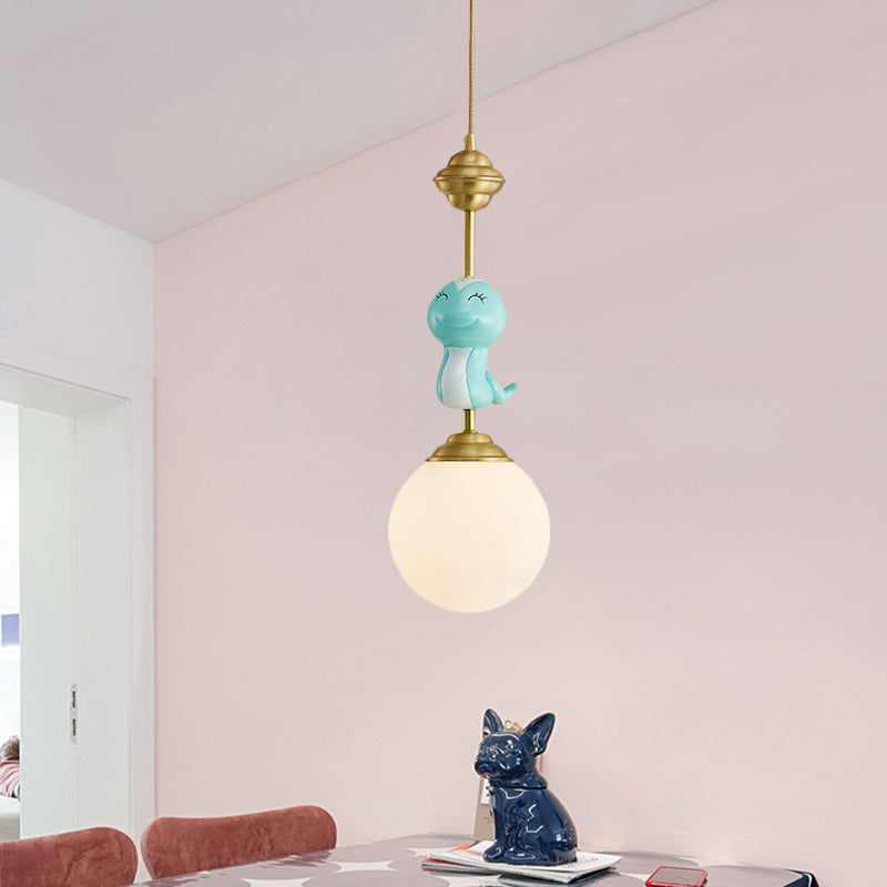 Resin Pig/Chicken/Snake Pendant Cartoon 1 Light Gold Hanging Light Fixture with Spherical Opal Glass Shade Clearhalo 'Ceiling Lights' 'Pendant Lights' 'Pendants' Lighting' 898231