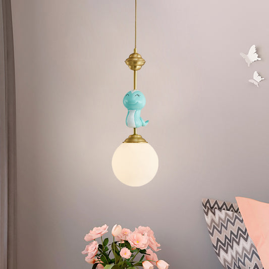Resin Pig/Chicken/Snake Pendant Cartoon 1 Light Gold Hanging Light Fixture with Spherical Opal Glass Shade Clearhalo 'Ceiling Lights' 'Pendant Lights' 'Pendants' Lighting' 898233