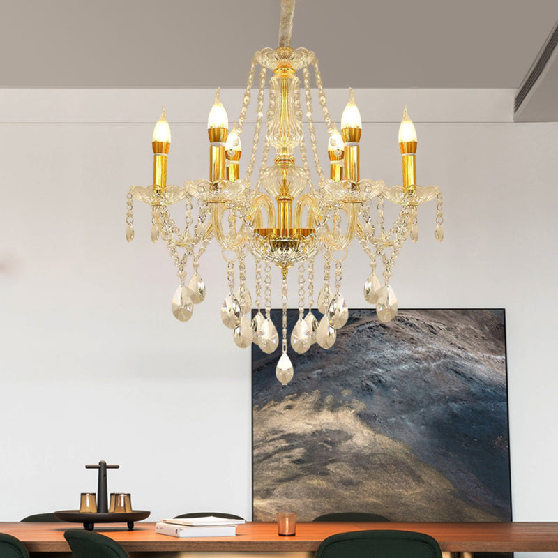 Crystal Swag Ceiling Chandelier Modern 6 Heads Gold Finish Candle Hanging Light Kit Gold Clearhalo 'Ceiling Lights' 'Chandeliers' 'Modern Chandeliers' 'Modern' Lighting' 898240