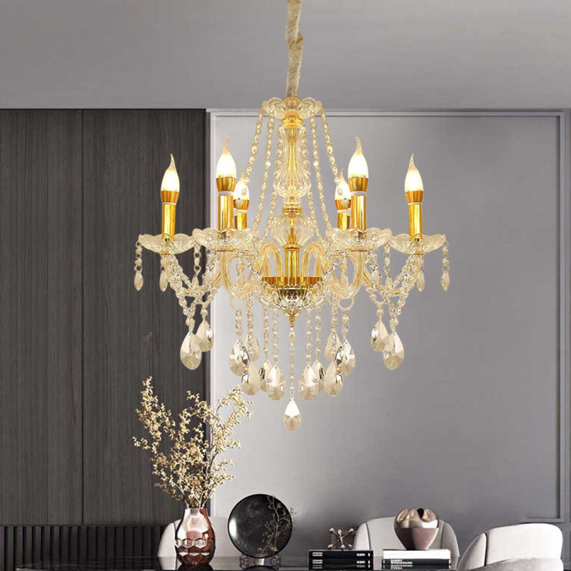 Crystal Swag Ceiling Chandelier Modern 6 Heads Gold Finish Candle Hanging Light Kit Clearhalo 'Ceiling Lights' 'Chandeliers' 'Modern Chandeliers' 'Modern' Lighting' 898241