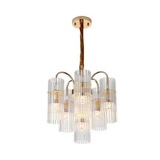 6-Head Bedroom Down Lighting Modernism Gold Finish Chandelier Lamp Fixture with Cylinder Clear Glass Bar Shade Clearhalo 'Ceiling Lights' 'Chandeliers' 'Clear' 'Industrial' 'Modern Chandeliers' 'Modern' 'Tiffany' 'Traditional Chandeliers' Lighting' 898258