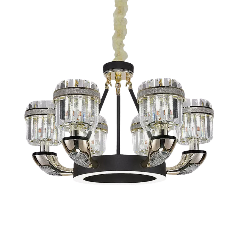 6 Bulbs Living Room Pendant Modernism Black Hoop Chandelier Lighting with Drum Crystal Prisms Shade Clearhalo 'Ceiling Lights' 'Chandeliers' 'Modern Chandeliers' 'Modern' Lighting' 898273