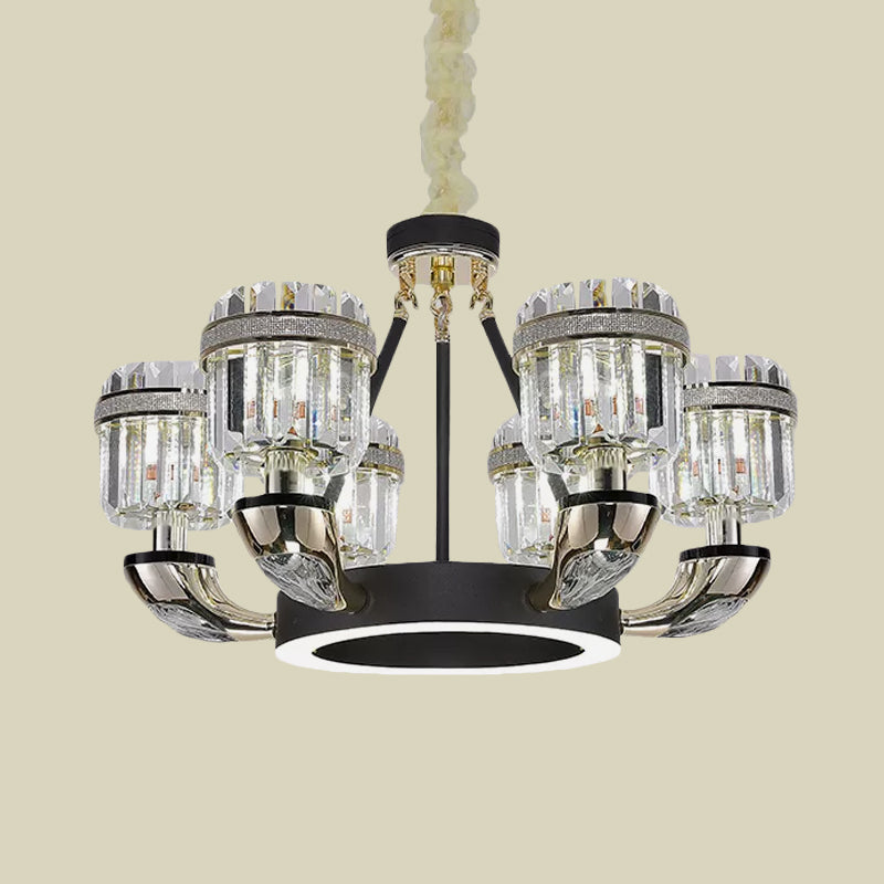 6 Bulbs Living Room Pendant Modernism Black Hoop Chandelier Lighting with Drum Crystal Prisms Shade Clearhalo 'Ceiling Lights' 'Chandeliers' 'Modern Chandeliers' 'Modern' Lighting' 898274