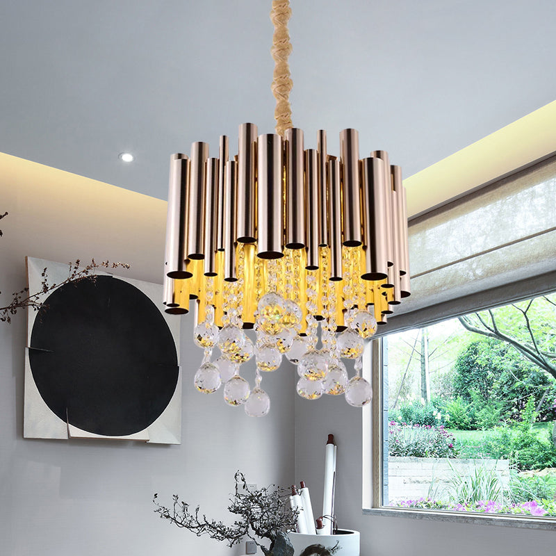 Slim Tube Metal Chandelier Light Fixture Modernist 6 Lights Gold/Rose Red Finish Pendulum Lamp with Crystal Ball Deco Gold Clearhalo 'Ceiling Lights' 'Chandeliers' 'Modern Chandeliers' 'Modern' Lighting' 898293
