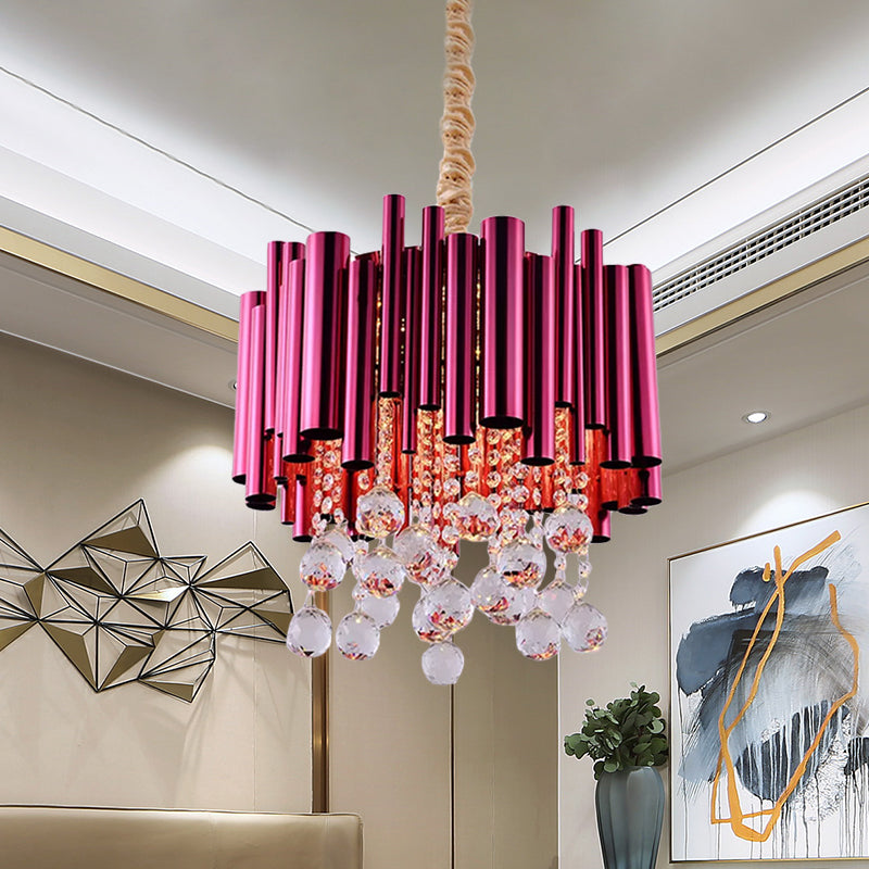 Slim Tube Metal Chandelier Light Fixture Modernist 6 Lights Gold/Rose Red Finish Pendulum Lamp with Crystal Ball Deco Clearhalo 'Ceiling Lights' 'Chandeliers' 'Modern Chandeliers' 'Modern' Lighting' 898298