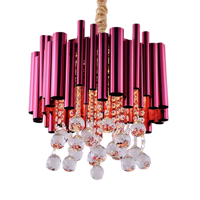 Slim Tube Metal Chandelier Light Fixture Modernist 6 Lights Gold/Rose Red Finish Pendulum Lamp with Crystal Ball Deco Clearhalo 'Ceiling Lights' 'Chandeliers' 'Modern Chandeliers' 'Modern' Lighting' 898299