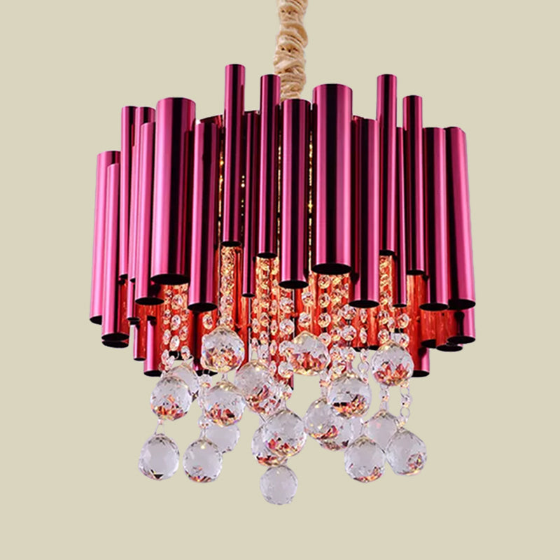 Slim Tube Metal Chandelier Light Fixture Modernist 6 Lights Gold/Rose Red Finish Pendulum Lamp with Crystal Ball Deco Clearhalo 'Ceiling Lights' 'Chandeliers' 'Modern Chandeliers' 'Modern' Lighting' 898300