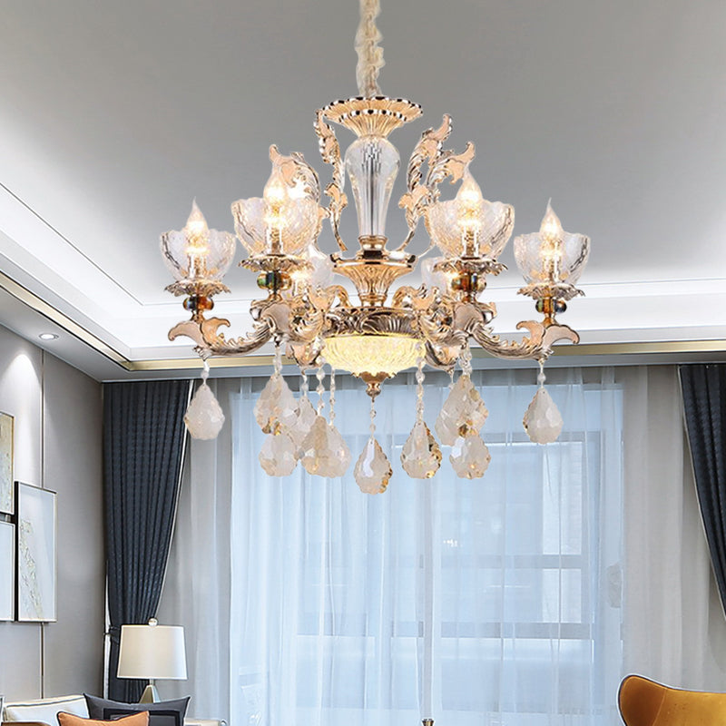 Gold Finish Bowl Shape Pendant Lamp Mid Century 6 Bulbs Clear Crystal Glass Chandelier Clearhalo 'Ceiling Lights' 'Chandeliers' Lighting' options 898302