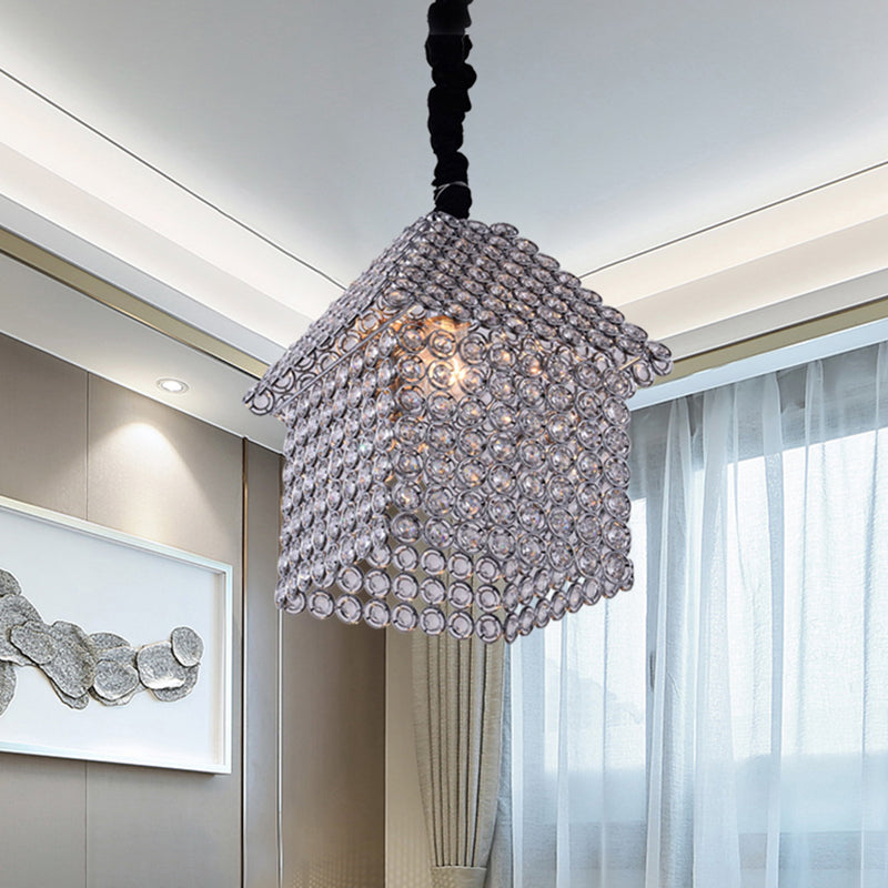 House Shaped Hanging Light Kit Modern Crystal Encrusted 3 Heads Chrome Finish Pendant Chandelier Chrome Clearhalo 'Ceiling Lights' 'Chandeliers' 'Modern Chandeliers' 'Modern' Lighting' 898305