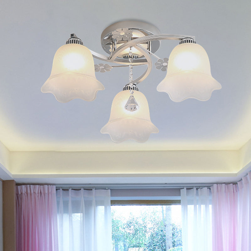 3 Bulbs Bedroom Semi Flush Modernist Chrome Finish Spiral Flush Mount with Lotus Opal Glass Shade Chrome Clearhalo 'Ceiling Lights' 'Close To Ceiling Lights' 'Close to ceiling' 'Glass shade' 'Glass' 'Semi-flushmount' Lighting' 898322