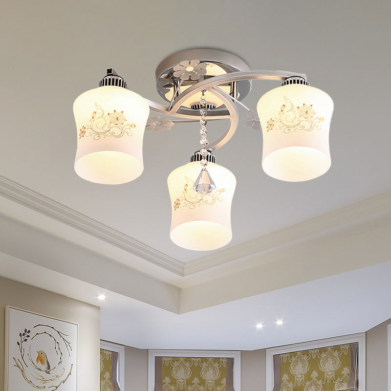 Patterned White Glass Cylinder Semi Flush Light Modernism 3-Head Spiral Close to Ceiling Lamp in Chrome Chrome Clearhalo 'Ceiling Lights' 'Close To Ceiling Lights' 'Close to ceiling' 'Glass shade' 'Glass' 'Pendant Lights' 'Semi-flushmount' Lighting' 898326