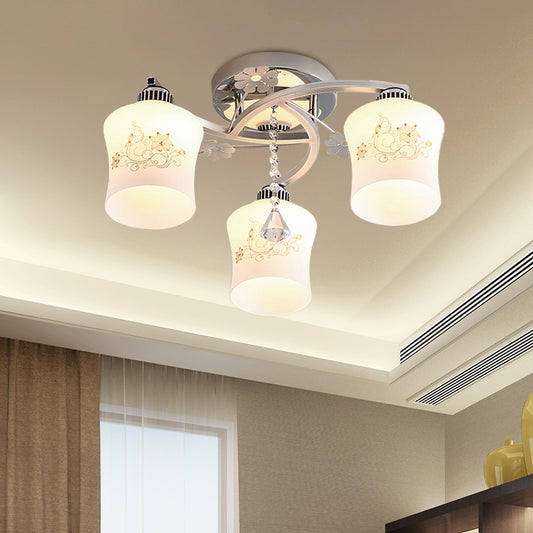 Patterned White Glass Cylinder Semi Flush Light Modernism 3-Head Spiral Close to Ceiling Lamp in Chrome Clearhalo 'Ceiling Lights' 'Close To Ceiling Lights' 'Close to ceiling' 'Glass shade' 'Glass' 'Pendant Lights' 'Semi-flushmount' Lighting' 898327