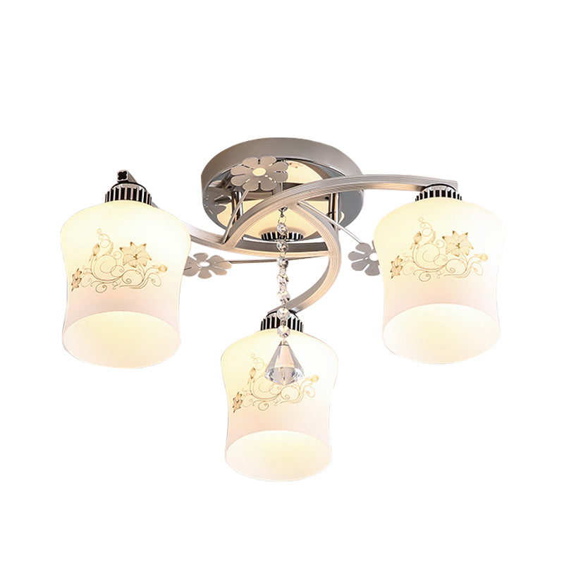 Patterned White Glass Cylinder Semi Flush Light Modernism 3-Head Spiral Close to Ceiling Lamp in Chrome Clearhalo 'Ceiling Lights' 'Close To Ceiling Lights' 'Close to ceiling' 'Glass shade' 'Glass' 'Pendant Lights' 'Semi-flushmount' Lighting' 898328