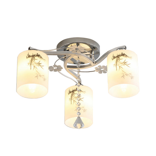 Minimal Cylindrical Semi-Flush Ceiling Light Frosted Glass 3 Lights Bedroom Flushmount in Chrome with Bamboo Pattern Clearhalo 'Ceiling Lights' 'Close To Ceiling Lights' 'Close to ceiling' 'Glass shade' 'Glass' 'Semi-flushmount' Lighting' 898331