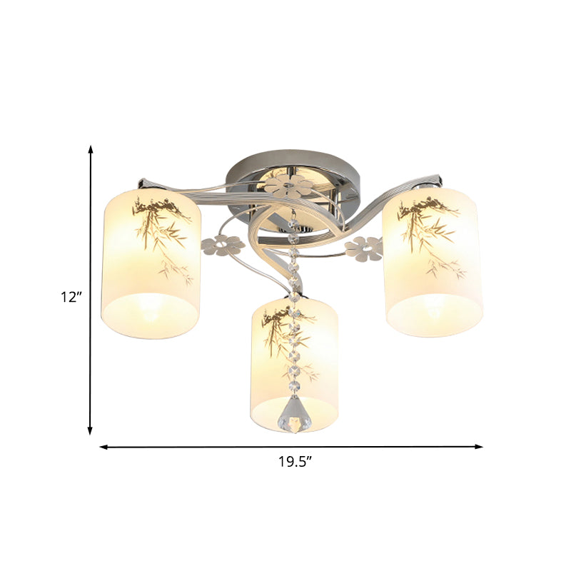 Minimal Cylindrical Semi-Flush Ceiling Light Frosted Glass 3 Lights Bedroom Flushmount in Chrome with Bamboo Pattern Clearhalo 'Ceiling Lights' 'Close To Ceiling Lights' 'Close to ceiling' 'Glass shade' 'Glass' 'Semi-flushmount' Lighting' 898333