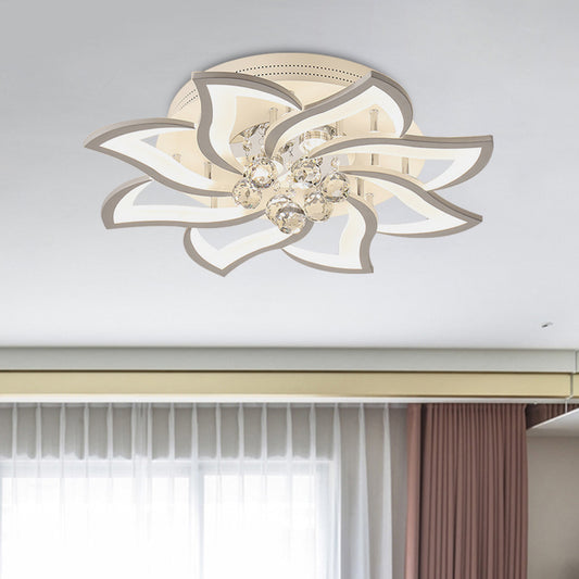 Floral Shaped Bedroom Semi Flush Lamp Acrylic LED Modern Flush Mounted Light with Crystal Orb Deco Clearhalo 'Ceiling Lights' 'Close To Ceiling Lights' 'Close to ceiling' 'Semi-flushmount' Lighting' 898339